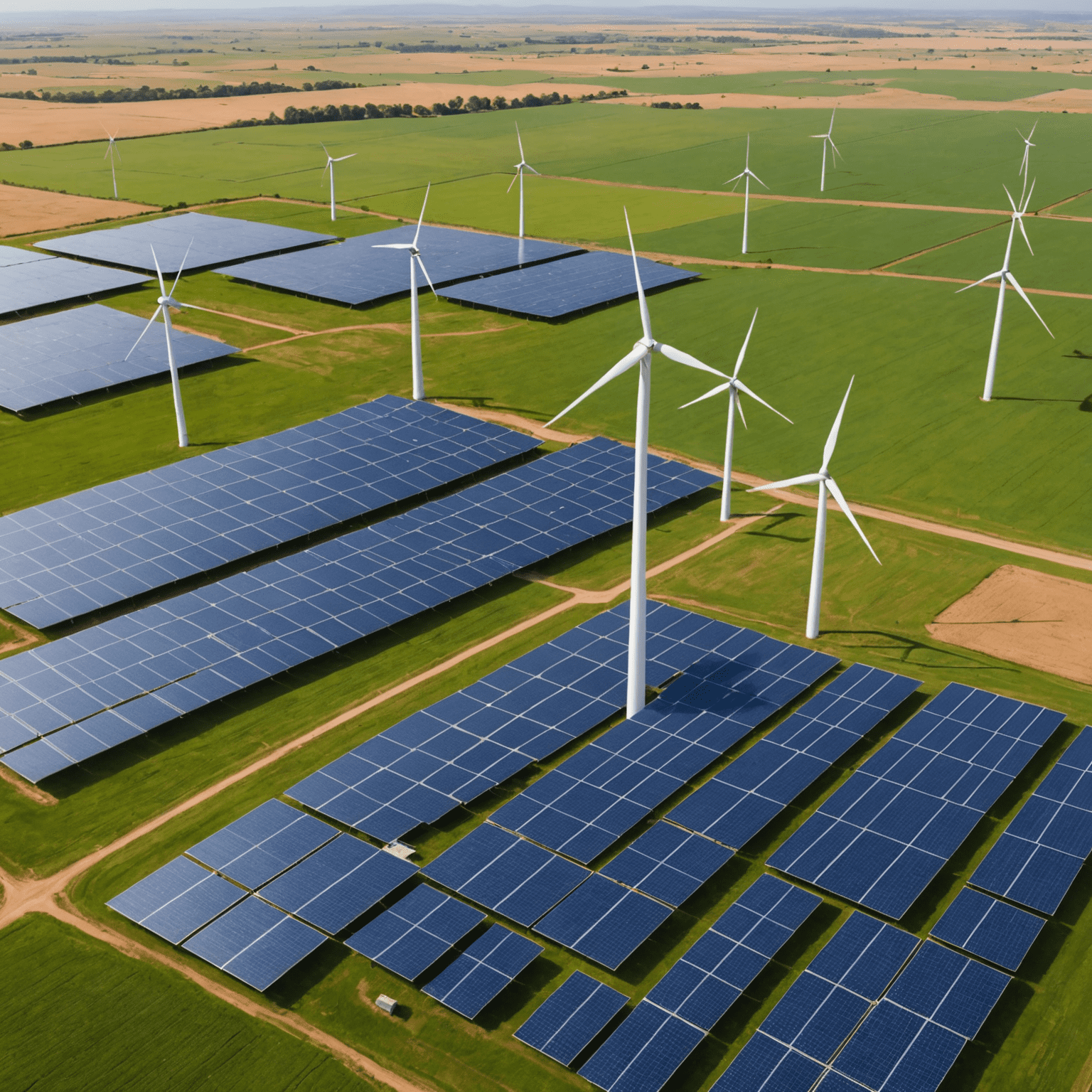 Aerial view of solar panels and wind turbines in a vast open landscape, representing the growth of renewable energy projects in South Africa