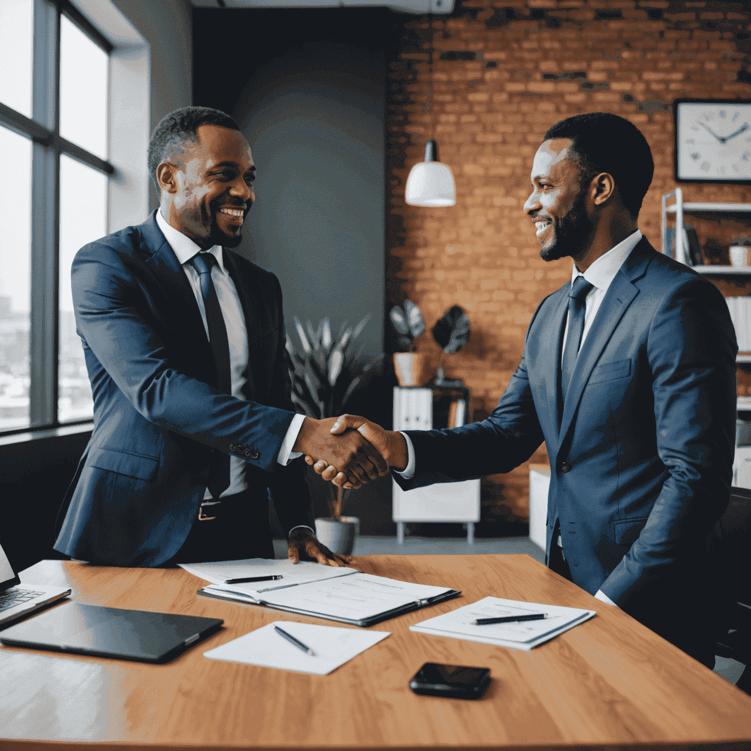 Two business people shaking hands in an office, representing due diligence and risk assessment for potential investments and partnerships in South Africa