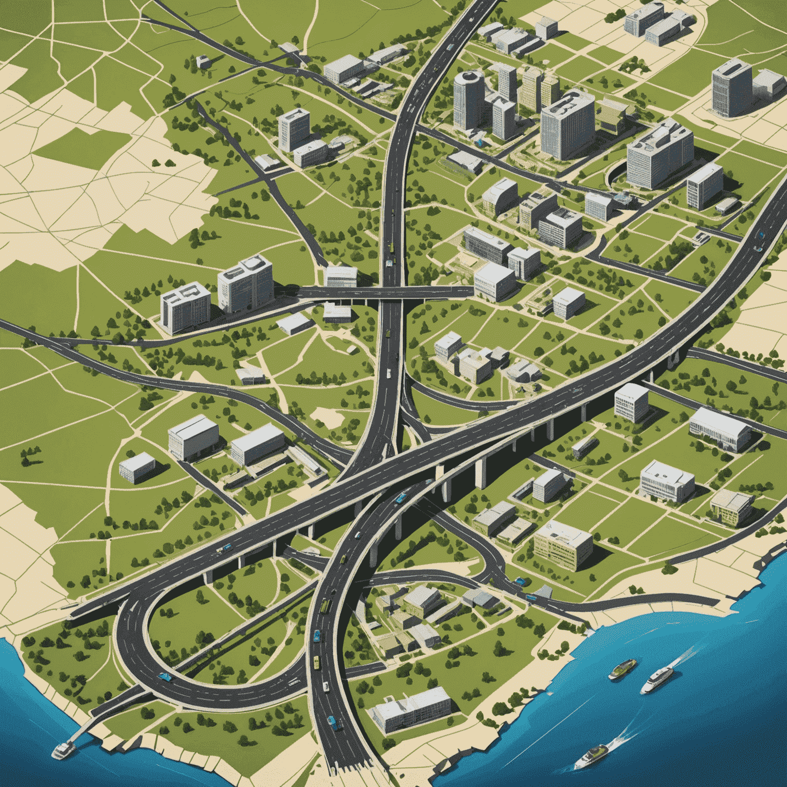 An illustration of various infrastructure projects, including roads, bridges, and buildings, overlaid on a map of South Africa.