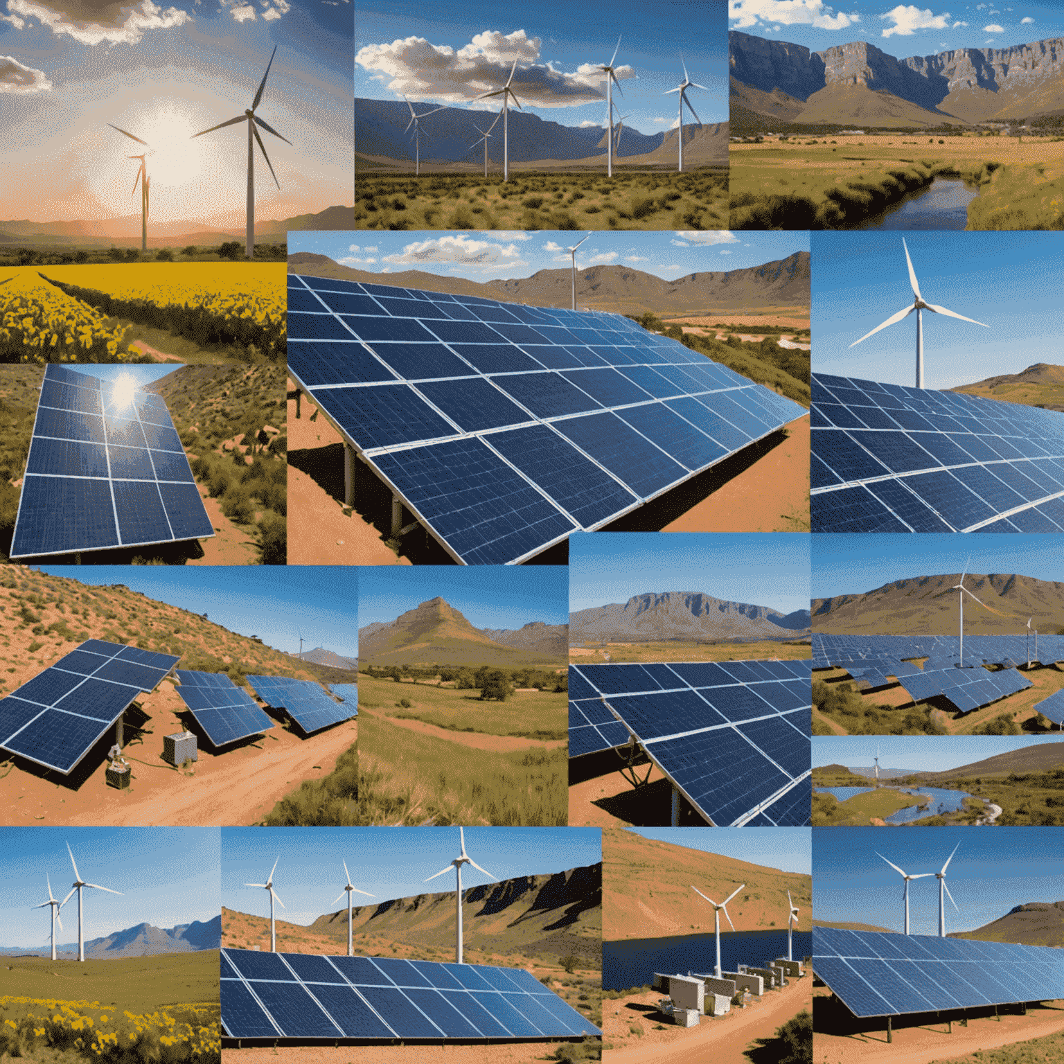 A collage of images showcasing various renewable energy projects in South Africa, such as solar panels, wind turbines, and hydroelectric dams.